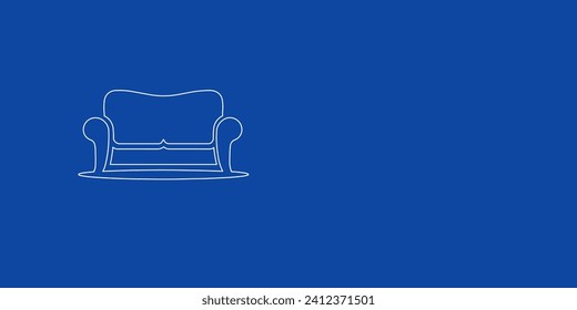 A large white outline sofa symbol on the left. Designed as thin white lines. Vector illustration on blue background