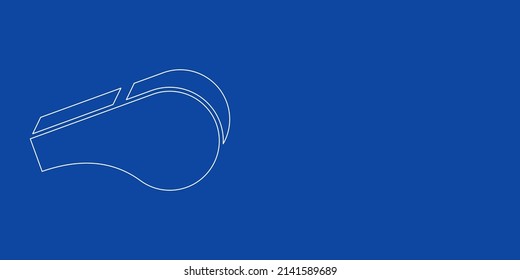 A large white outline sports whistle symbol on the left. Designed as thin white lines. Vector illustration on blue background