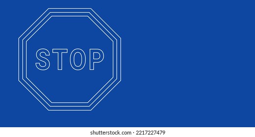 A large white outline stop road sign on the left. Designed as thin white lines. Vector illustration on blue background