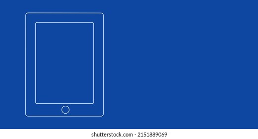 Un gran símbolo de comprimido de contorno blanco a la izquierda. Diseñado como líneas blancas delgadas. Ilustración vectorial sobre fondo azul
