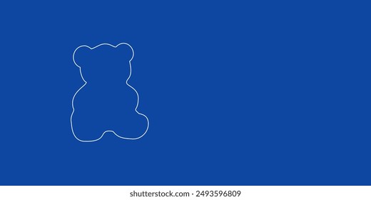 Un Grande osito de peluche de contorno blanco a la izquierda. Diseñado como líneas blancas finas. Ilustración vectorial sobre fondo azul