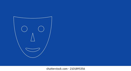 A large white outline theatrical mask on the left. Designed as thin white lines. Vector illustration on blue background