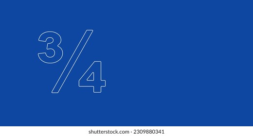 A large white outline three quarters symbol on the left. Designed as thin white lines. Vector illustration on blue background