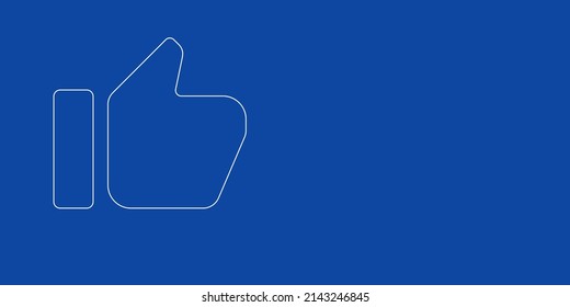 A large white outline thumb up symbol on the left. Designed as thin white lines. Vector illustration on blue background