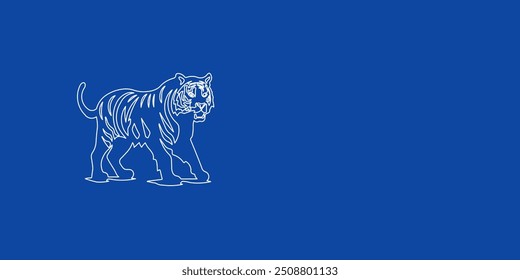 Um grande símbolo branco de tigre de contorno à esquerda. Projetado como linhas brancas finas. Ilustração vetorial no plano de fundo azul