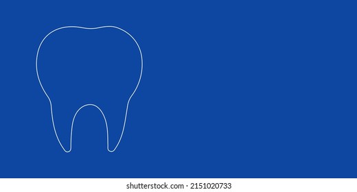 A large white outline tooth symbol on the left. Designed as thin white lines. Vector illustration on blue background