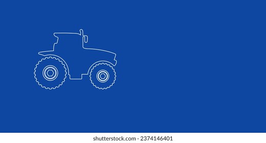 Un gran icono de tractor de contorno blanco a la izquierda. Diseñado como líneas blancas delgadas. Ilustración vectorial sobre fondo azul