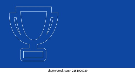 Un gran símbolo de trofeo de contorno blanco a la izquierda. Diseñado como líneas blancas delgadas. Ilustración vectorial sobre fondo azul