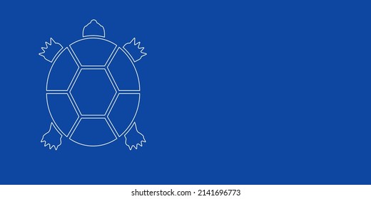 A large white outline turtle symbol on the left. Designed as thin white lines. Vector illustration on blue background