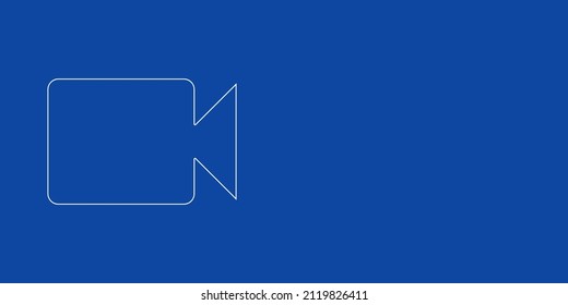 Eine große weiße Umrisskamera-Symbol auf der linken Seite. Entwickelt als dünne weiße Linien. Vektorgrafik auf blauem Hintergrund