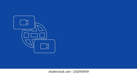 A large white outline videoconference symbol on the left. Designed as thin white lines. Vector illustration on blue background