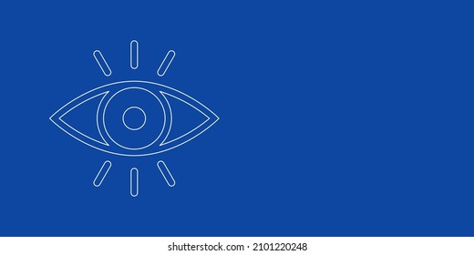 A large white outline vision symbol on the left. Designed as thin white lines. Vector illustration on blue background