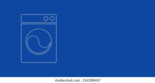 A large white outline washer symbol on the left. Designed as thin white lines. Vector illustration on blue background