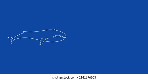 A large white outline whale symbol on the left. Designed as thin white lines. Vector illustration on blue background