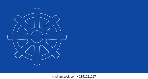 A large white outline wheel symbol on the left. Designed as thin white lines. Vector illustration on blue background