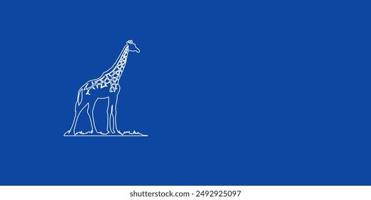 A large white outline wild giraffe symbol on the left. Designed as thin white lines. Vector illustration on blue background