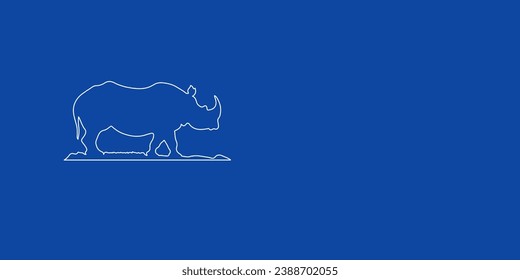 A large white outline wild rhino symbol on the left. Designed as thin white lines. Vector illustration on blue background