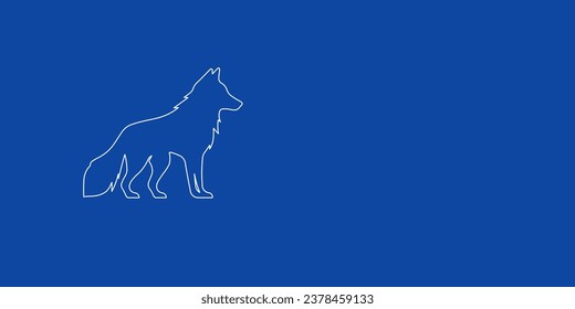 A large white outline wolf symbol on the left. Designed as thin white lines. Vector illustration on blue background