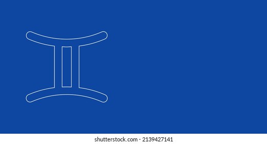 A large white outline zodiac gemini symbol on the left. Designed as thin white lines. Vector illustration on blue background