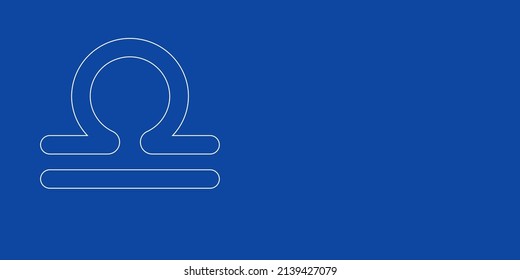 A large white outline zodiac libra symbol on the left. Designed as thin white lines. Vector illustration on blue background