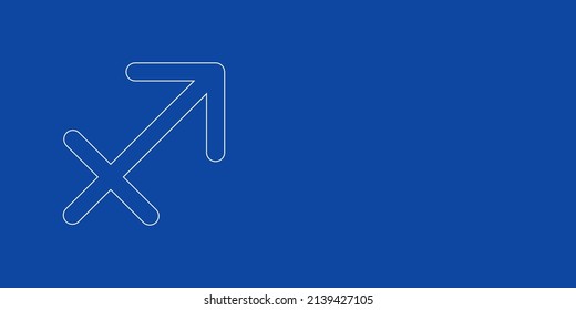 A large white outline zodiac sagittarius symbol on the left. Designed as thin white lines. Vector illustration on blue background