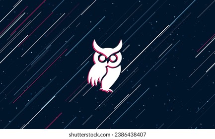 Large white owl symbol framed in red in the center. The effect of flying through the stars. Vector illustration on a dark blue background with stars and slanted lines