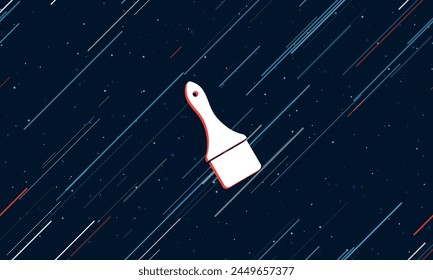 Large white paint brush symbol framed in red in the center. The effect of flying through the stars. Vector illustration on a dark blue background with stars and slanted lines