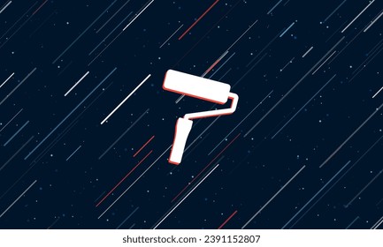 Large white paint roller symbol framed in red in the center. The effect of flying through the stars. Vector illustration on a dark blue background with stars and slanted lines