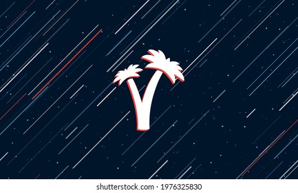 Large white palm trees symbol framed in red in the center. The effect of flying through the stars. Vector illustration on a dark blue background with stars and slanted lines