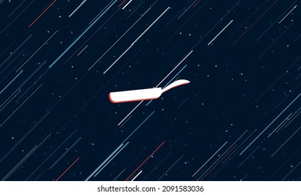 Large white pan symbol framed in red in the center. The effect of flying through the stars. Vector illustration on a dark blue background with stars and slanted lines