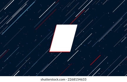 Large white parallelogram symbol framed in red in the center. The effect of flying through the stars. Vector illustration on a dark blue background with stars and slanted lines