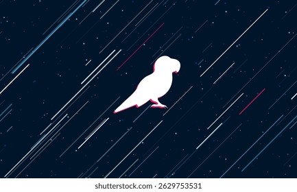 Large white parrot symbol framed in red in the center. The effect of flying through the stars. Vector illustration on a dark blue background with stars and slanted lines