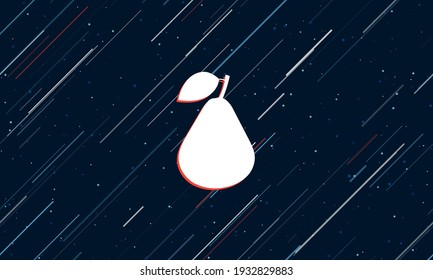 Grosses weißes Birnensymbol, in der Mitte rot eingerahmt. Der Effekt des Fliegens durch die Sterne. Nahtlose Vektorgrafik auf dunkelblauem Hintergrund mit Sternen und langanhaltenden Linien
