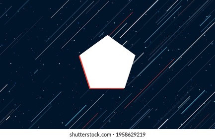 Large white pentagon symbol framed in red in the center. The effect of flying through the stars. Vector illustration on a dark blue background with stars and slanted lines