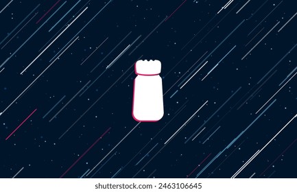 Large white pepper shaker symbol framed in red in the center. The effect of flying through the stars. Vector illustration on a dark blue background with stars and slanted lines