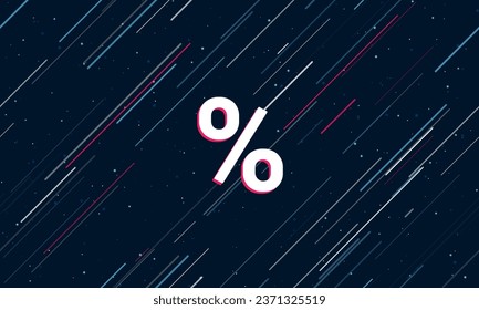 Gran símbolo blanco por ciento enmarcado en rojo en el centro. El efecto de volar a través de las estrellas. Ilustración vectorial en un fondo azul oscuro con estrellas y líneas inclinadas