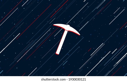 Large white pickaxe symbol framed in red in the center. The effect of flying through the stars. Seamless vector illustration on a dark blue background with stars and slanted lines