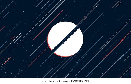 Large white pill symbol framed in red in the center. The effect of flying through the stars. Seamless vector illustration on a dark blue background with stars and slanted lines