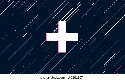 Large white plus symbol framed in red in the center. The effect of flying through the stars. Seamless vector illustration on a dark blue background with stars and slanted lines