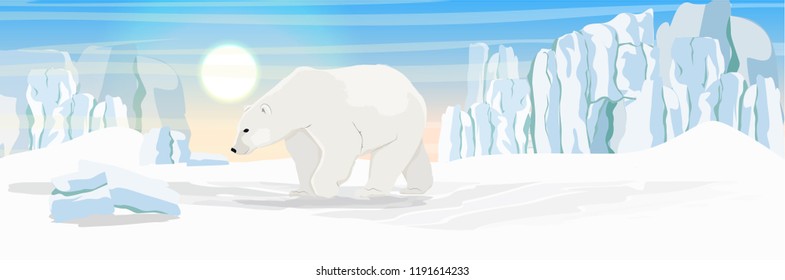 A large white polar bear. The glacier and the snow-covered plain. Landscapes of the Arctic, Canada, Norway and other northern countries