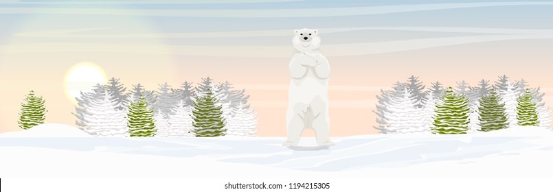 A large white polar bear stands on its hind legs in a snow-covered valley. Mountains and spruce forest on the horizon. Landscapes of the Arctic