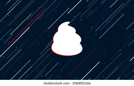 Large white poop symbol framed in red in the center. The effect of flying through the stars. Vector illustration on a dark blue background with stars and slanted lines