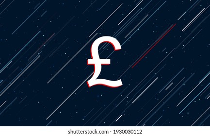 Large white pound symbol framed in red in the center. The effect of flying through the stars. Seamless vector illustration on a dark blue background with stars and slanted lines