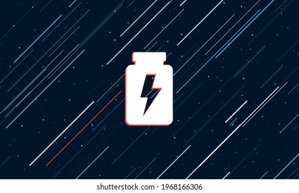 Large white power jar symbol framed in red in the center. The effect of flying through the stars. Vector illustration on a dark blue background with stars and slanted lines