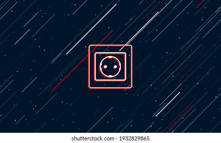 Large white power socket symbol framed in red in the center. The effect of flying through the stars. Seamless vector illustration on a dark blue background with stars and slanted lines