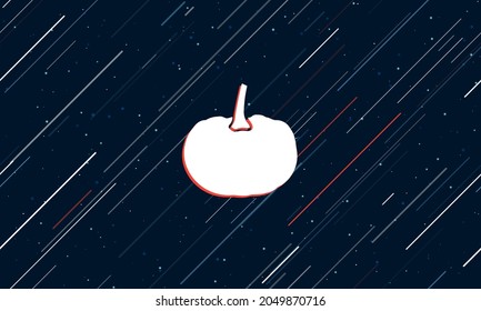 Large white pumpkin symbol framed in red in the center. The effect of flying through the stars. Vector illustration on a dark blue background with stars and slanted lines