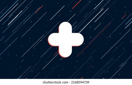 Large white quatrefoil symbol framed in red in the center. The effect of flying through the stars. Vector illustration on a dark blue background with stars and slanted lines
