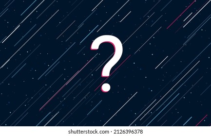 Large white question symbol framed in red in the center. The effect of flying through the stars. Vector illustration on a dark blue background with stars and slanted lines