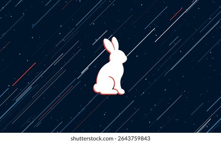 Large white rabbit symbol framed in red in the center. The effect of flying through the stars. Vector illustration on a dark blue background with stars and slanted lines