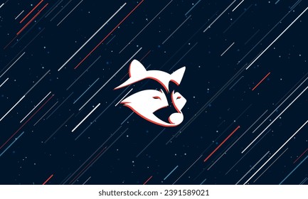 Large white raccoon head symbol framed in red in the center. The effect of flying through the stars. Vector illustration on a dark blue background with stars and slanted lines